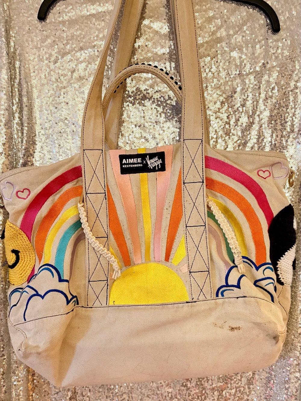 Aimee Kestenberg Beige Canvas Rainbow & Sun Tote with Colorful Embroidery